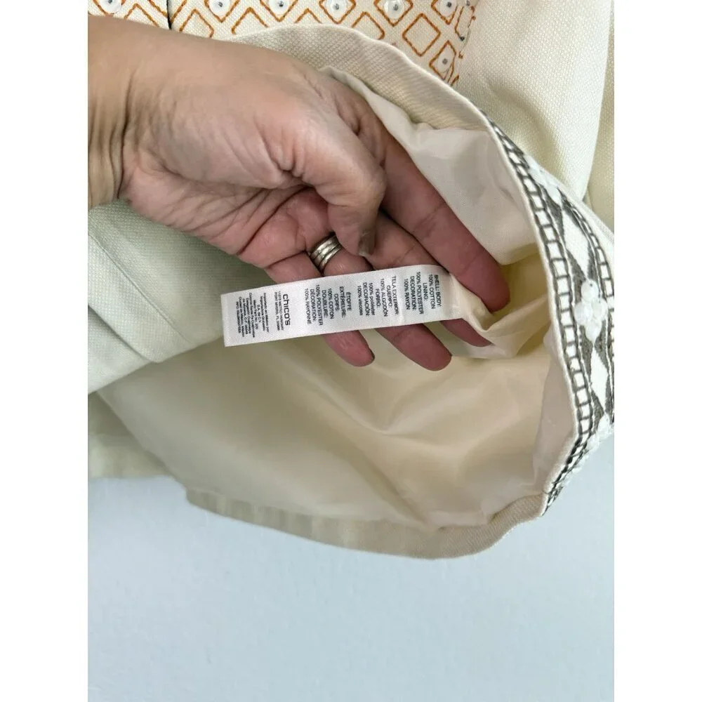 CHICO'S Women’s Embellished Jacket Tan Beige Embroidered‎ 3/4 Sleeves Size 2